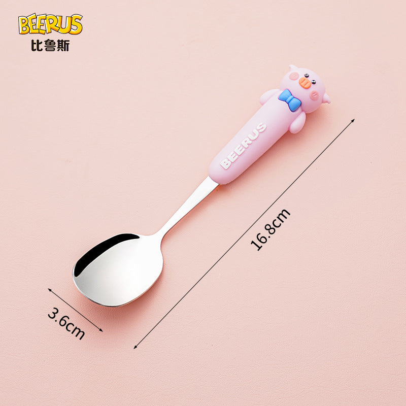 High-quality, adorable cartoon children's cutlery set featuring a cute bear design. includes a fork, spoon, and is perfect for school lunches. made of durable silicone, these portable forks and spoons are available for wholesale