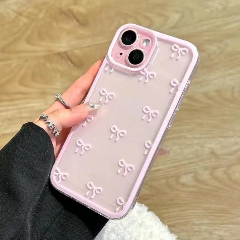 Pink bowknot space case for iphone 17, high-transparency shockproof soft case with heart-shaped sides for iphone 16 and 15
