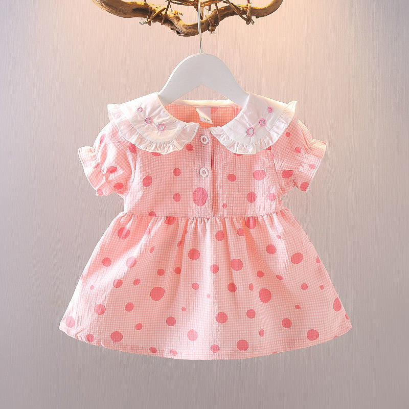 Kids' cartoon dress - turn-down collar, round neck, short sleeves - new summer style for baby girls - casual, chic, polka dot print dress