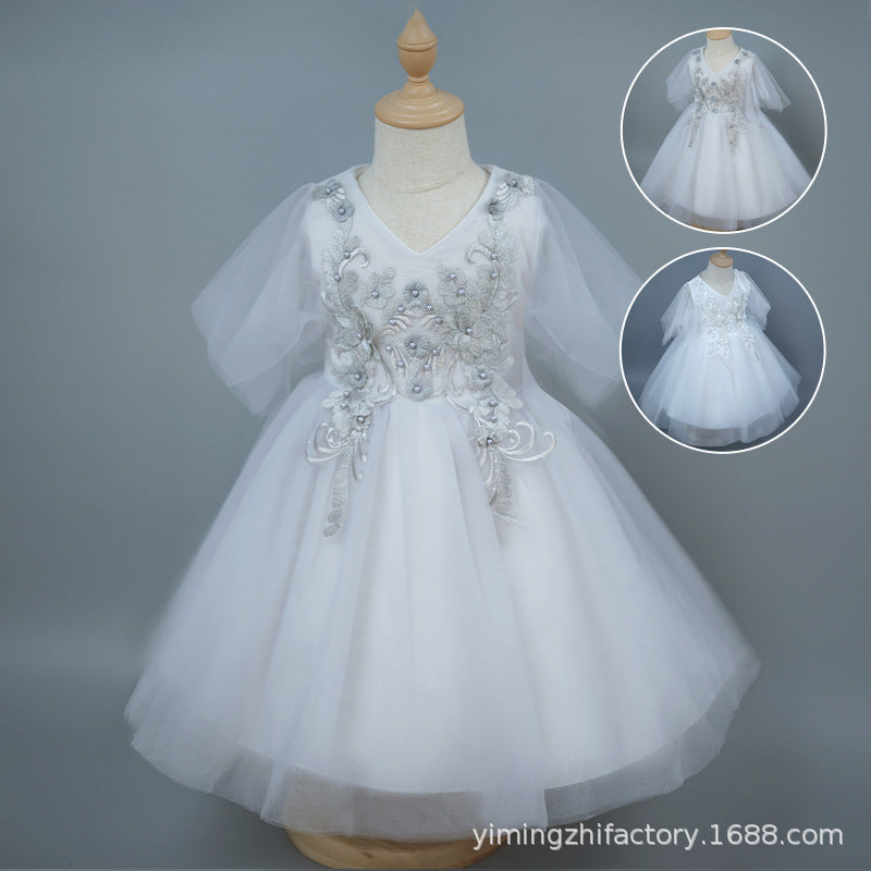 Kids' formal dress princess dress new short printed mesh girl's princess dress flower girl wedding dress one piece wholesale foreign trade
