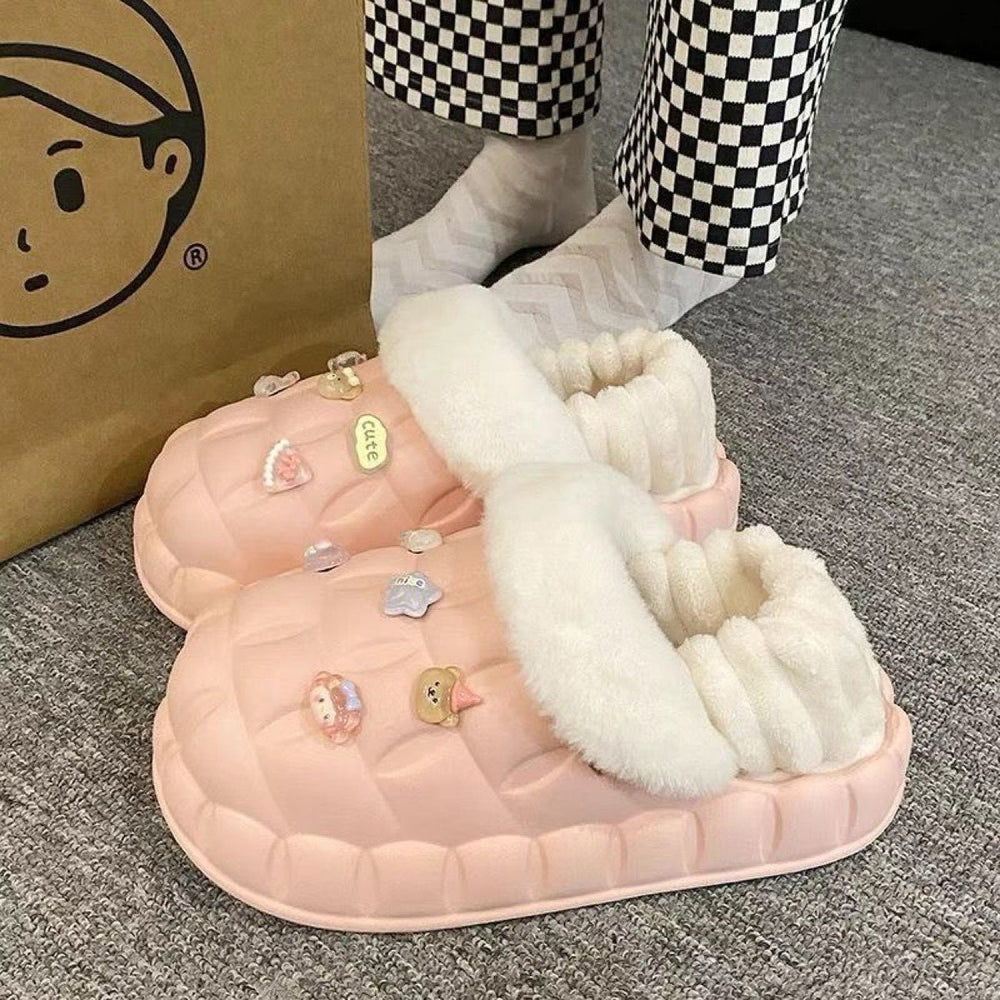 2025 cotton slippers - removable & washable, women's winter home & outdoor wear, thick sole, closed heel, fleece-lined, cartoon design, warm & cozy