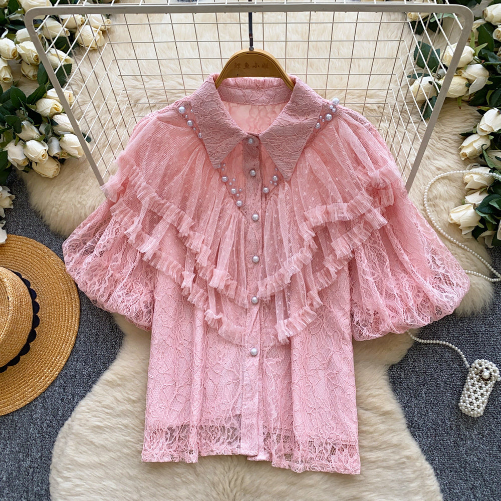 Palace style heavy industry beading lacepatchworkrufflesshirt women's summeraccessible luxury socialite age-reducing eleganttops