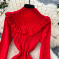 Frenchniche styleclassy sense of wood ear patchworklong sleevesknittingdress women's autumslimslimming look hip wrap long skirt