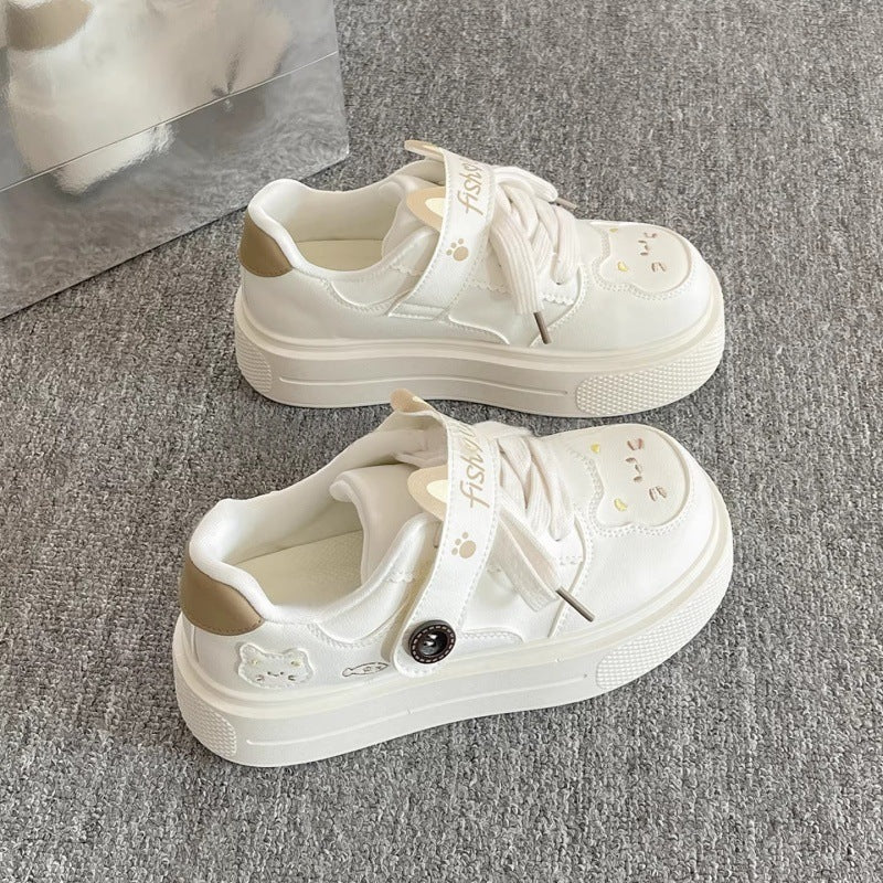 Chunky platform white sneakers - 2026 spring new arrival: cute puppy design, hook-and-loop closure, versatile height-boosting casual sneakers for students