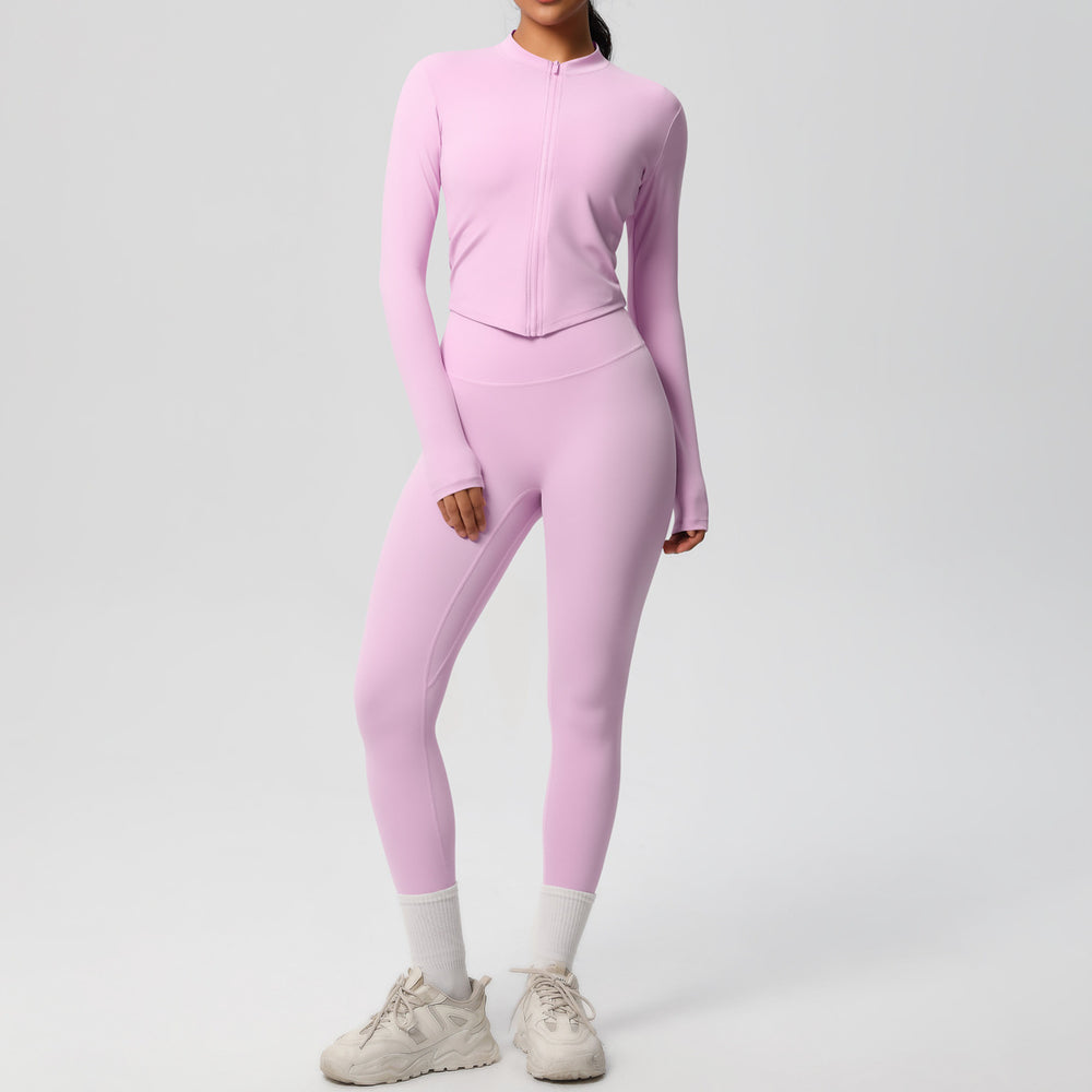 Ready-to-ship cross-border solid color double-sided brushed naked feel outerwear long sleeve set - compression running, fitness, and yoga two-piece outfit