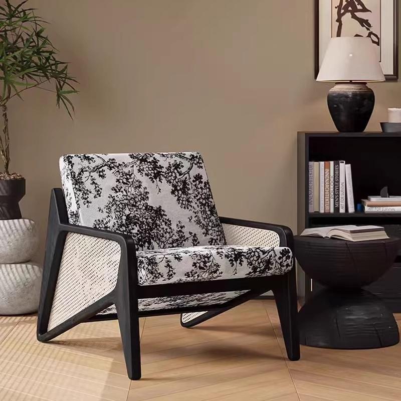 New chinoiserie chair designer rattan sofa chair wabi-sabi style single chair medieval style solid wood casual chair single chair