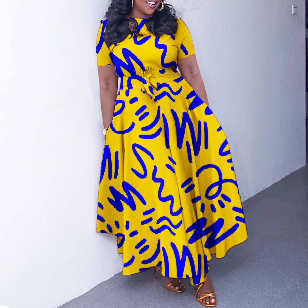 Q125 summer new fashion cross-border  elegant women's tie-up printed plus size european and american style dress