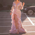 spring/summer new european and american style sexy hip-hugging sequined pink long mesh evening gown with train