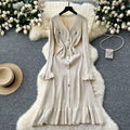 Elegant knitted dress: new autumn/winter  collection - high-end long sleeve, cinched waist maxi dress with v-neck and ruffle hem