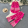 Retro ethnic style printingeleganttwo-piece set female autum puff sleeve polo collar silmloose pants royal sister suit