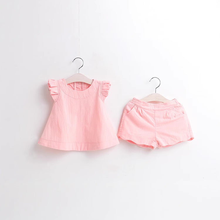 Summernew arrivalk-style fungus flying sleeves sleeveless pure colorsuitgirltwo-piece set children's clothing one piece dropshipping
