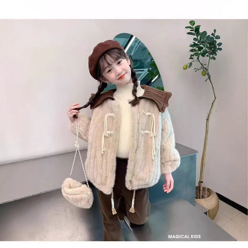 Girls' fleece-lined jacket,  new korean style children's winter outerwear, tweed-style girls' winter fleece sweater