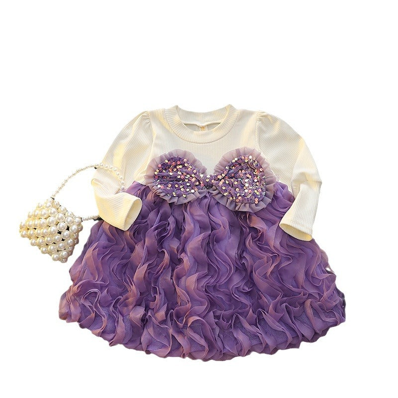Girls' autumn dress - trendy tutu skirt, new  pink mesh round neck long sleeve princess style sweet dress