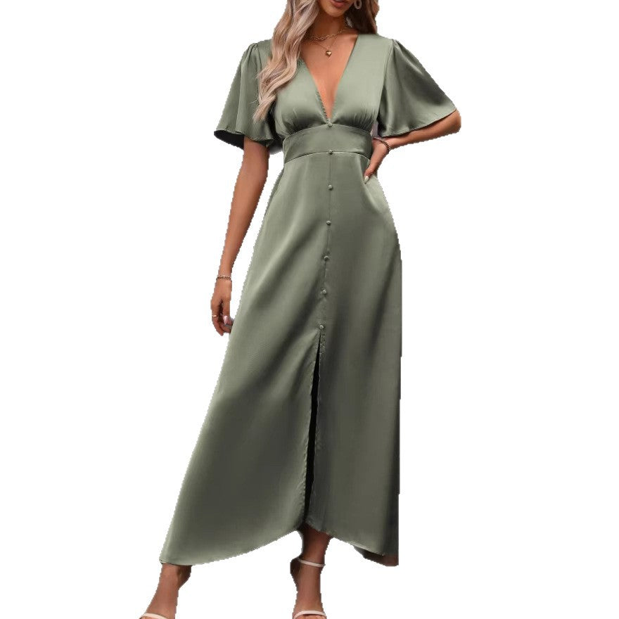 european and american cross-border summer new women's elegant twist knot slit dress