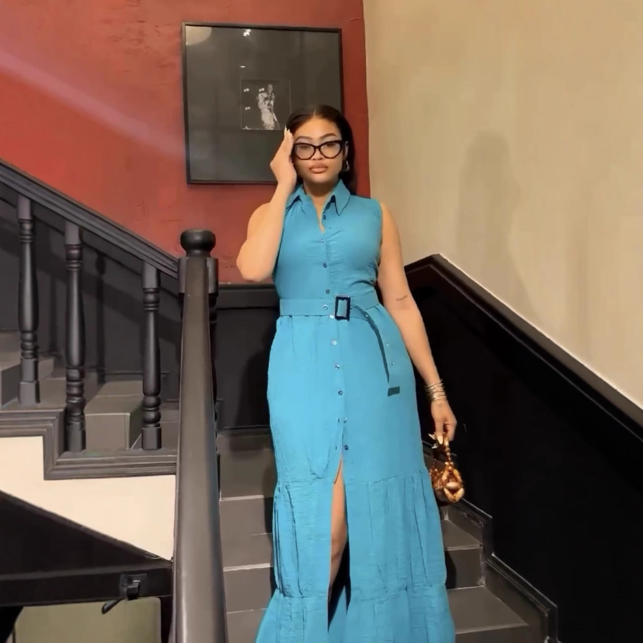 Europe and the United States  new women's clothing lapel cardigan sleeveless solid color temperament long dress with belt