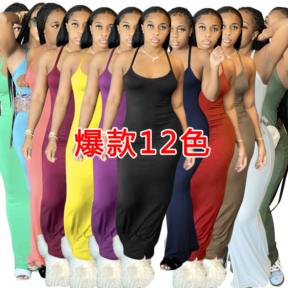 S390081 Foreign trade European and American women's clothing ins new models, sexy solid color suspender dress, fashionable temperament long dress women