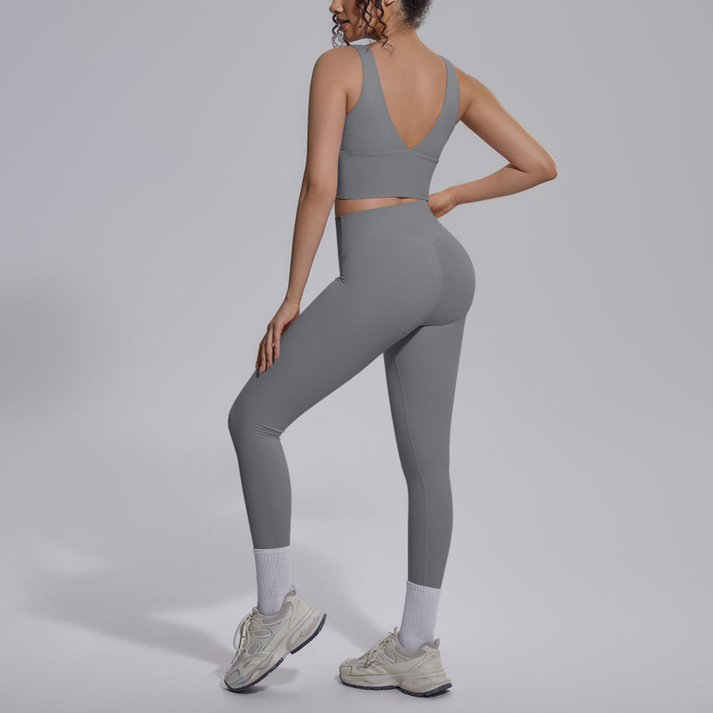 pure color double-sided brocade v-shaped beautiful back breathable tight-fitting yoga suit sports running fitness two-piece set for women