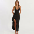 European and american cross-border women's fashion:  summer new arrivals - stylish solid color halter neck slit tie-back backless bodycon dress