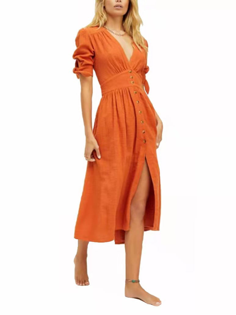 2026 cross-border amazon women's fashion: european and american style sexy deep v-neck long button-down long sleeve dress, short sleeve option available