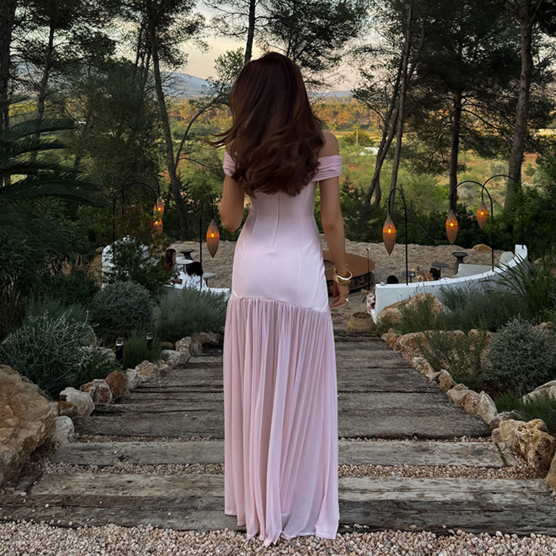 European and american export women's clothing  new arrival: elegant bandeau maxi dress, off-the-shoulder mesh panel, bodycon mini dress
