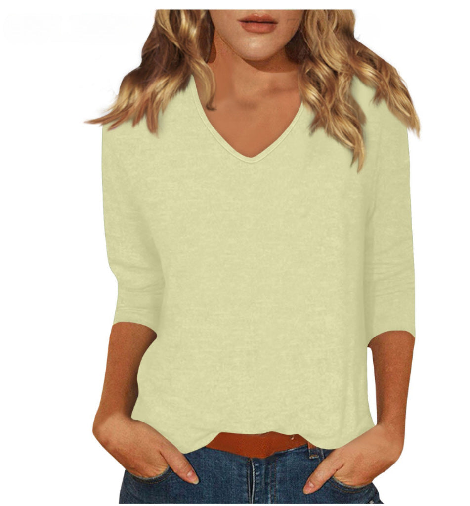cross-border  women's everyday versatile casual v-neck solid color three-quarter sleeve t-shirt top