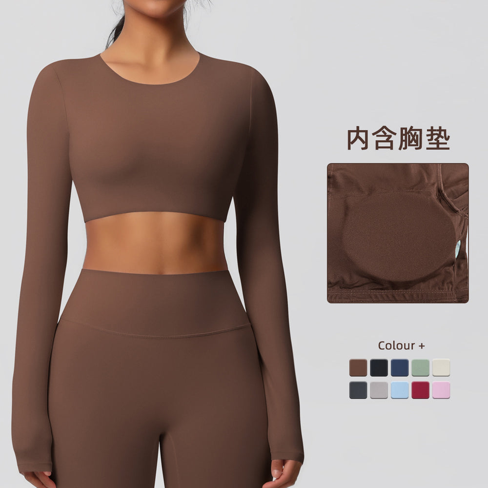 Ready-to-ship, cross-border, double-sided brushed, long-sleeved yoga top with built-in bra pads, suitable for pilates, running, and other workouts. women's