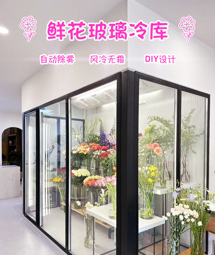 Complete glass cold storage system for flowers: professional glass conservatory, refrigerated flower display case, and air-cooled showcase for florists