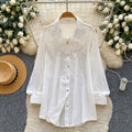 French chic embroidered cutout breathable shirt - women's long sleeve loose fit versatile commute cardigan - blue top