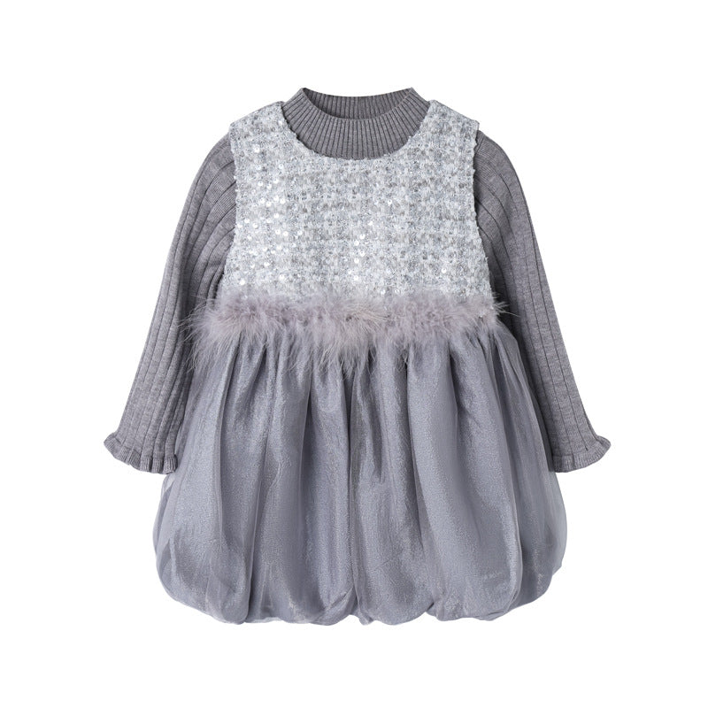 Girls' chic tweed-style patchwork mesh fleece-trimmed tulip skirt & versatile sweater two-piece set - trendy style