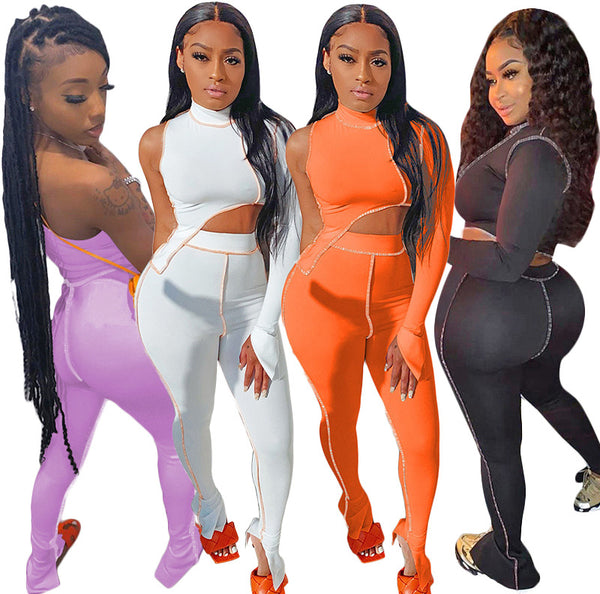S3890 Cross-border Foreign Trade European and American Women's Clothing Sexy Hollow Off-Shoulder High-Neck Short Navel Single Sleeve Pants Set New