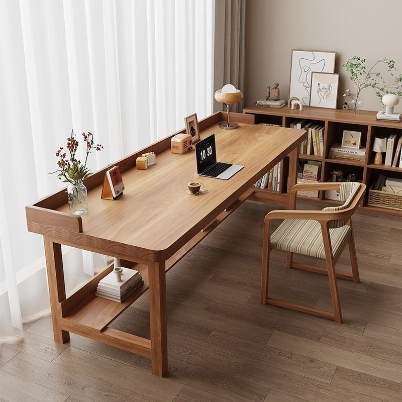 Solid wood rectangular desk - living room, bedroom, study - double seater study table - double layer, wall-mounted, thickened computer desk - natural wood finish