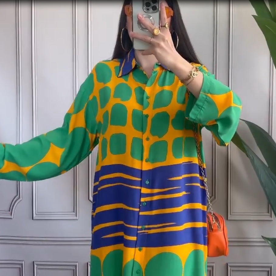 European and American  spot 2024 new loose fashion casual positioning printed cardigan dress large size women's long dress