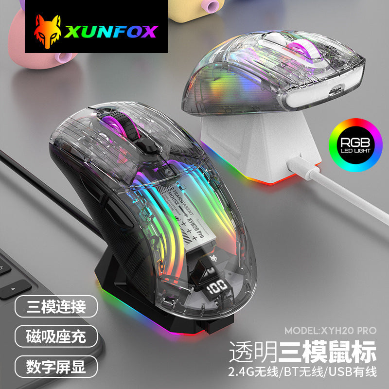 Dazzling silver fox xyh20pro wireless bluetooth tri-mode transparent gaming mouse with charging dock and screen – cross-border rechargeable