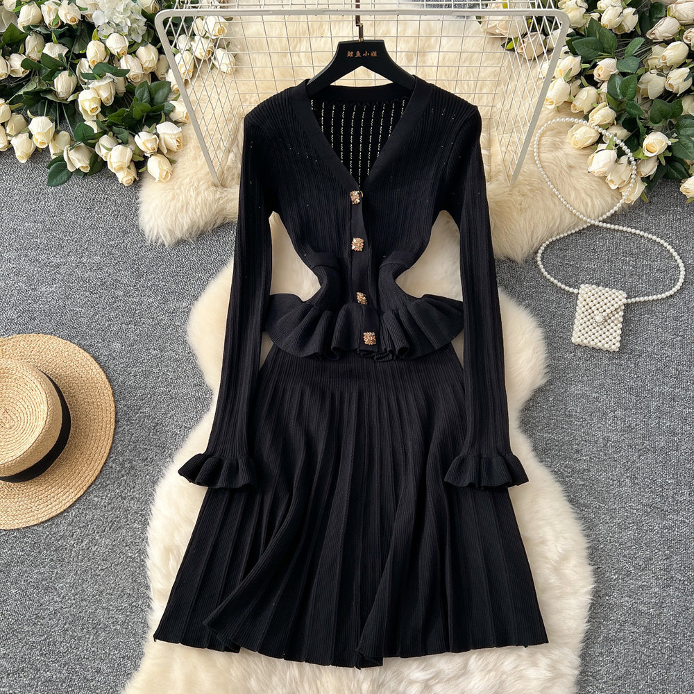 Luxury chic women's dress - autumn  collection: slim-fit knit maxi dress with metallic buckle detail, inspired by chanel