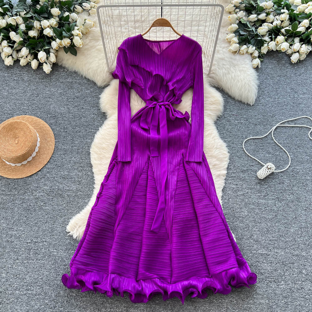European and american niche fashion socialite tie-waist ruffle pleated dress - women's high-end slimming elegant maxi dress