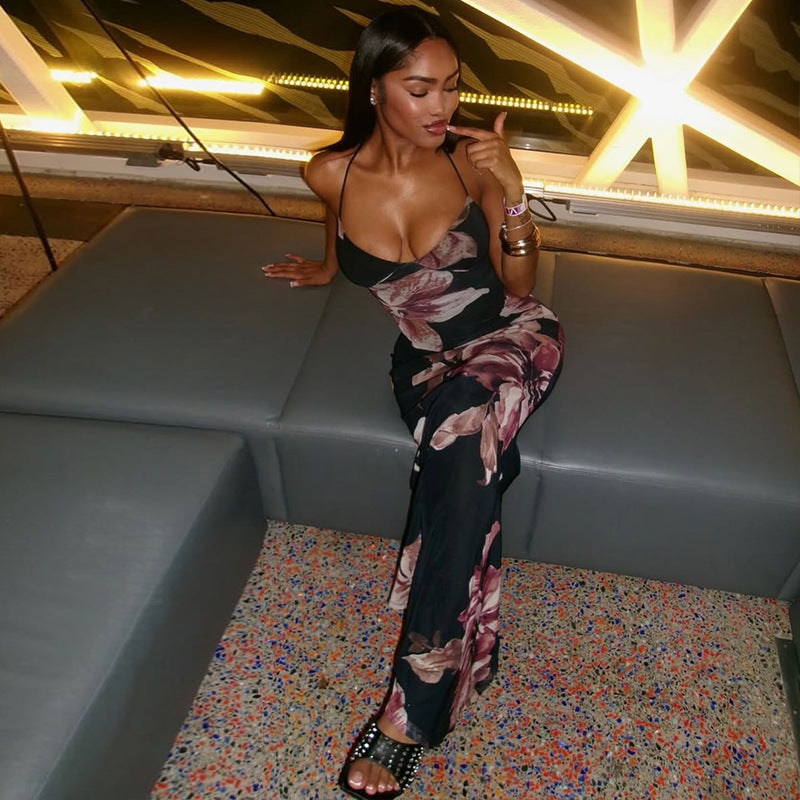European and american style cross-border women's backless printed slim-fit home & casual bodycon dress - elegant halter neck sleeveless maxi dress