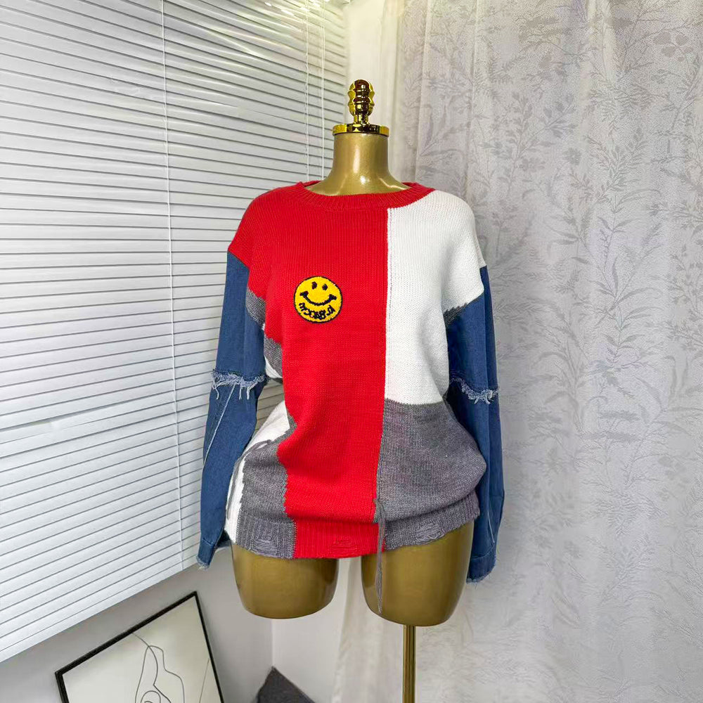 European and american style cross-border autumn/winter denim sleeve color block smiley face loose pullover sweater round neck knitted base layer top for women