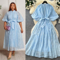 French yellow lace embroidery short sleeve dress women's summer high waist a-line dress commuter elegant long dress