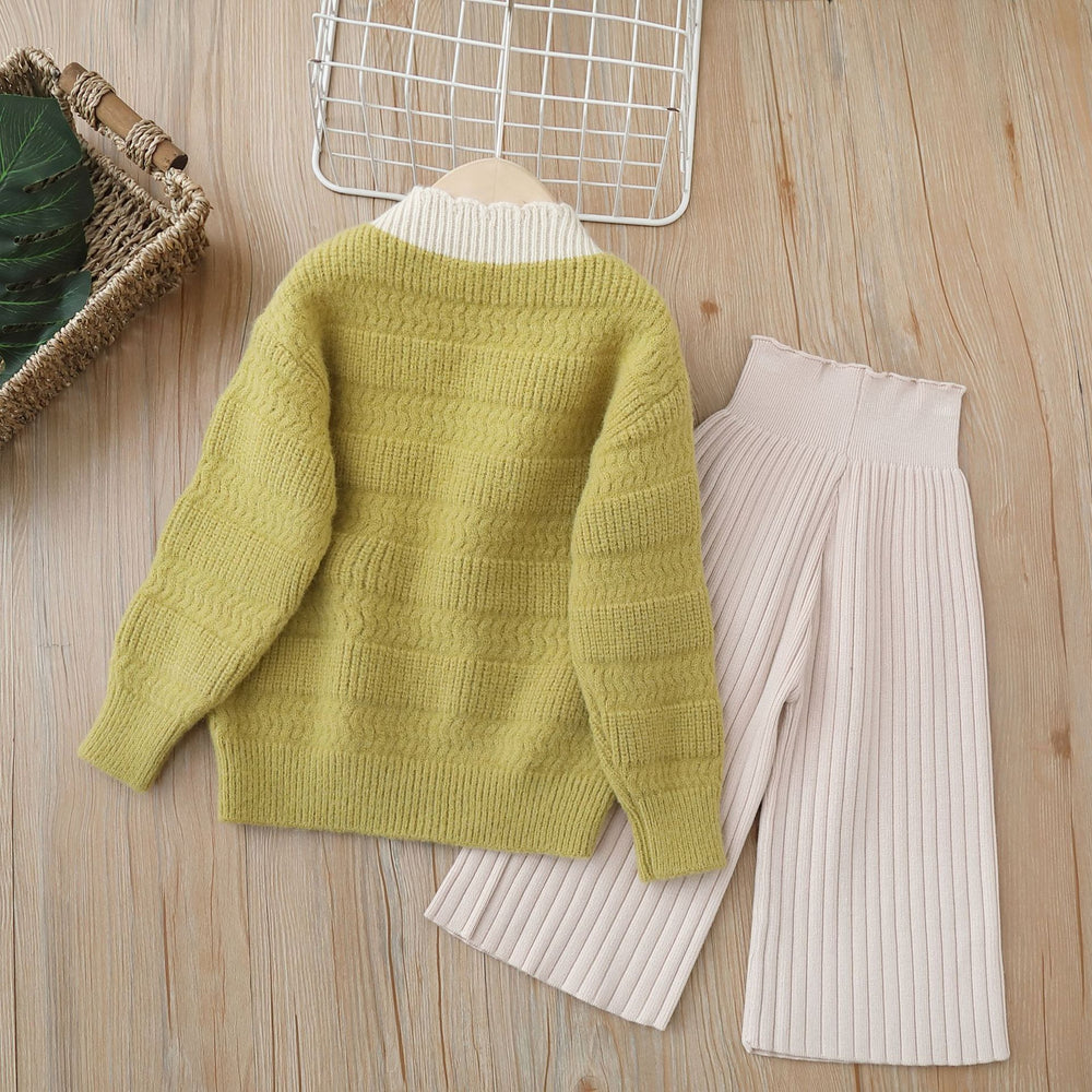 Girls' knitted sweater set, kids' two-piece outfit,  new style for baby girls ages 1-8, faux two-piece pullover set
