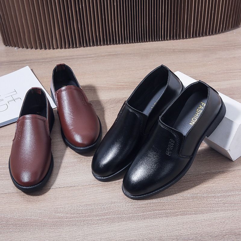Black leather shoes for men - breathable, korean style, trendy casual business dress shoes, round toe, in stock, young men's footwear