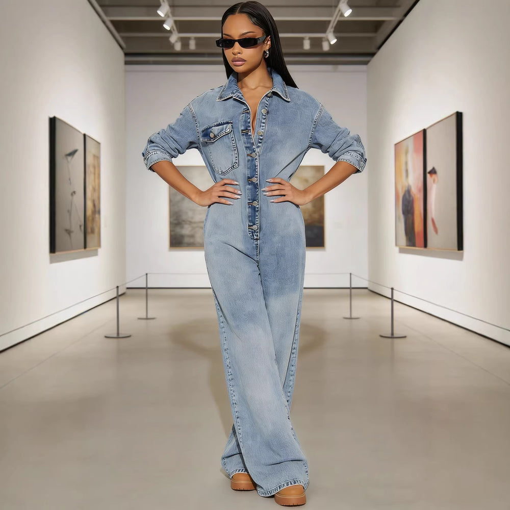 European and american cross-border women's fashion:  women's denim jumpsuit,  new arrival, button-front long sleeve romper