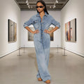 European and american cross-border women's fashion:  women's denim jumpsuit,  new arrival, button-front long sleeve romper