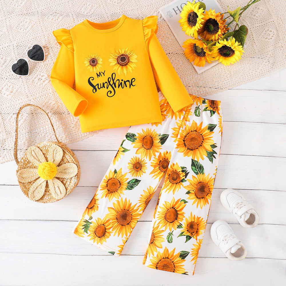 Girls' autumn two-piece outfit: yellow flutter sleeve top with sunflower & letter print pants set