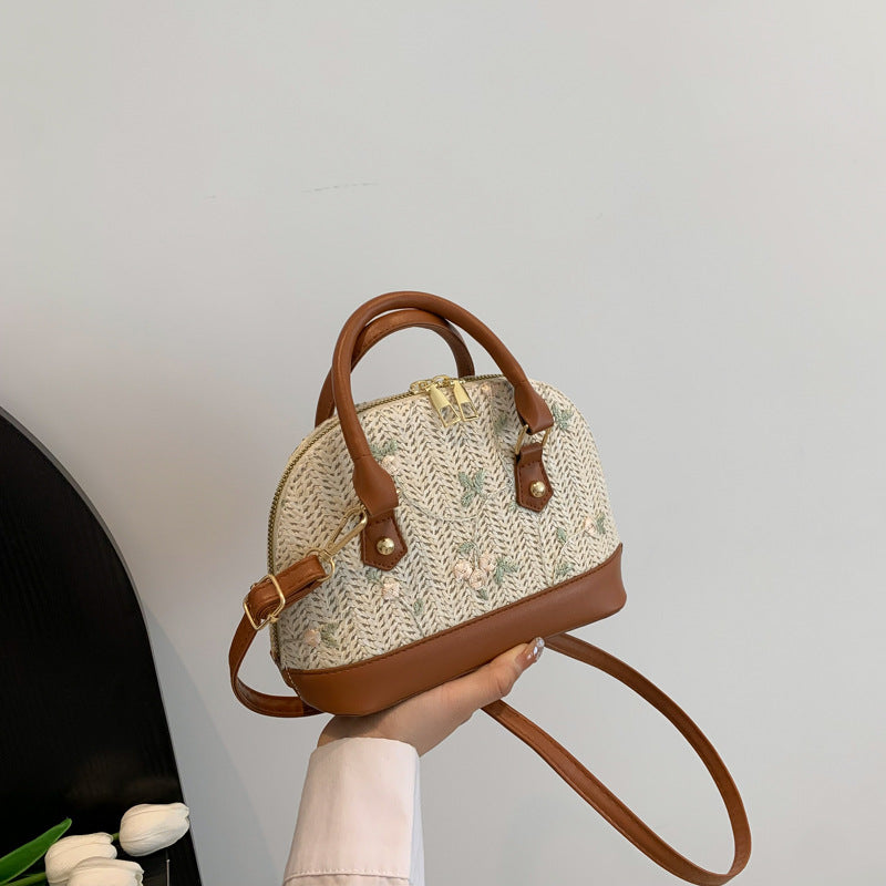 Straw shell bag women's retro high-end handbag 2025 new fashion lace embroidered shoulder messenger bag