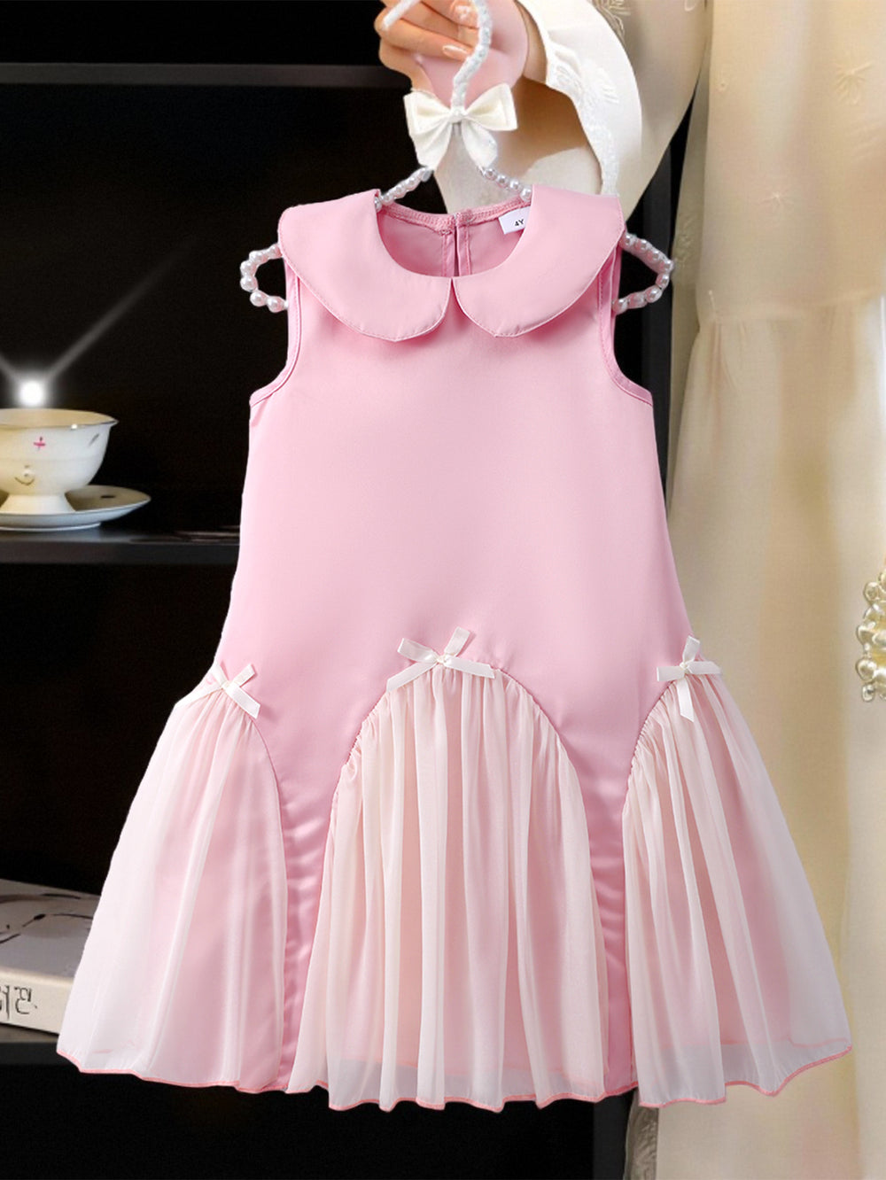 Girls' sleeveless dress with round neck and bow detail (toddler/kids)