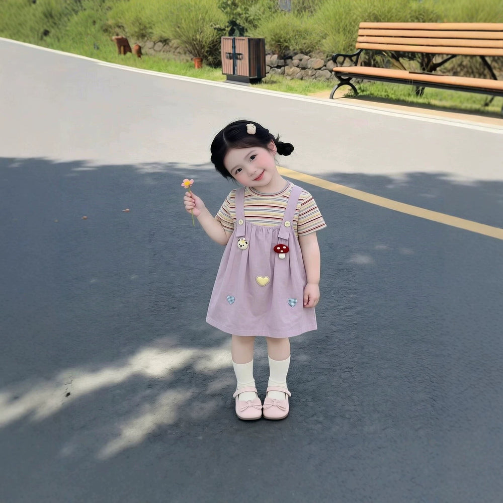 Girls' overalls dress set - summer  new collection: kids' fashion striped short-sleeve summer style, sweet baby two-piece look