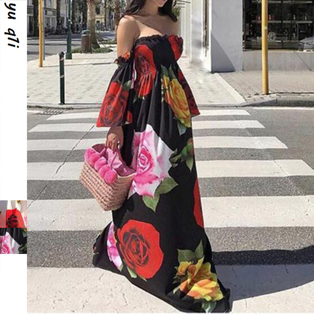 summer european and american sexy bandeau print maxi dress - export quality for , , and  - cross-border women's apparel