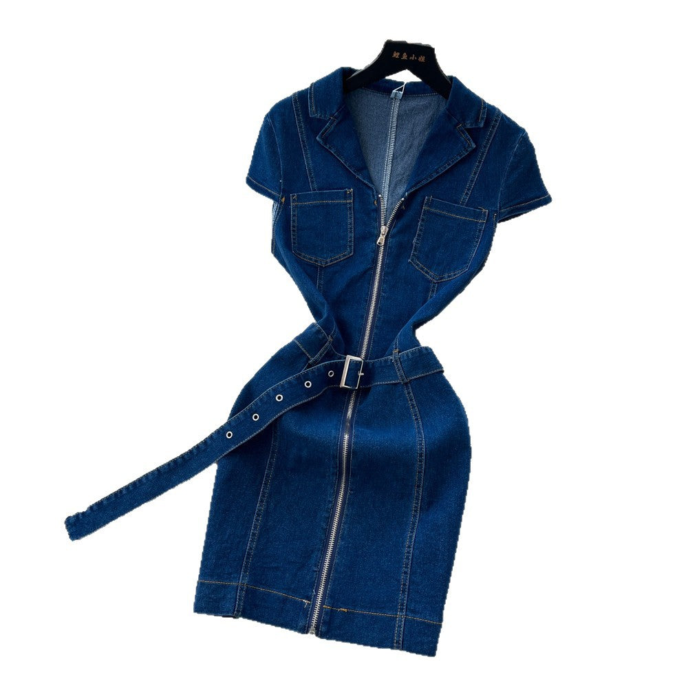 Frenchretro stylework clothing lapel zipper denimdress women's summerk-stylehigh waist waist slimming look a-line skirt