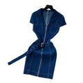 Frenchretro stylework clothing lapel zipper denimdress women's summerk-stylehigh waist waist slimming look a-line skirt