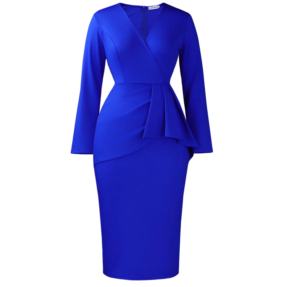 D606 european and american women's clothing  fall/winter fashion v-neck long sleeve solid color pleated bodycon office lady african dress